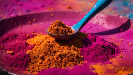 A close-up shot of colorful powders used during Holi festival in India. These vibrant hues represent the joy and celebration of this religious event.の写真素材