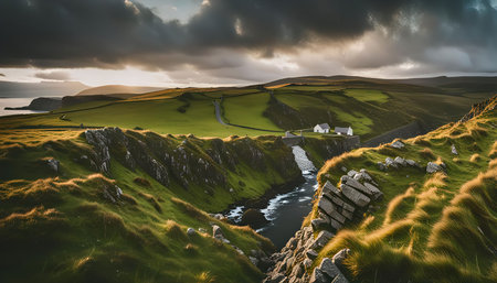 A panoramic shot of rolling green hills, with a small white house nestled in the landscape and a waterway flowing through the valley. The sky is filled with dramatic clouds, and the sun is setting in the distance, casting a golden glow over the scene.の写真素材