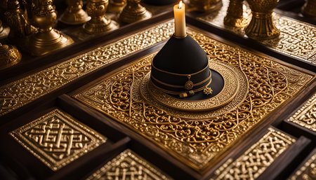 A close-up shot of an ornate wooden table with gold inlay, showcasing a candle and a black hat. The intricate details of the design create a luxurious and elegant atmosphere.の写真素材