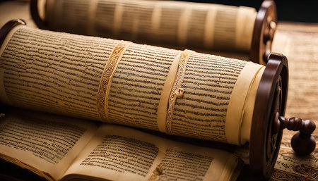 A close-up of an ancient manuscript on a wooden scroll, showing the intricate details and the age of this historical artifact.の写真素材