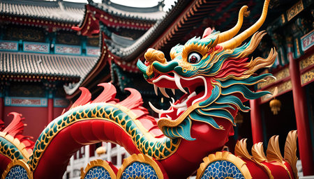 A colorful Chinese dragon sculpture, adorned with intricate details, stands in front of a traditional temple. It embodies the mythical creature's power and wisdom, serving as a symbol of good luck and fortune in Chinese culture.の写真素材