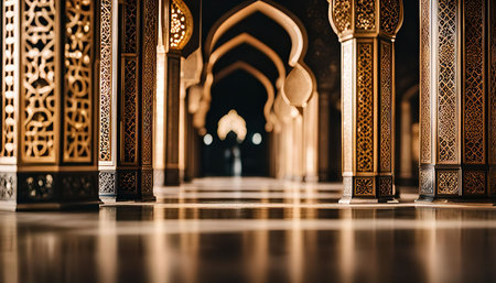 A view down a corridor with intricately carved arches and pillars in a mosque.の写真素材