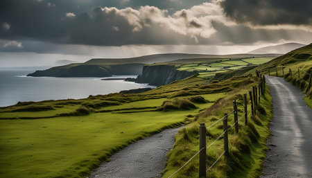 A winding road leads through the scenic Irish countryside with lush green fields, dramatic cliffs, and a stunning view of the ocean. The road offers a beautiful panorama of the Irish coast.の写真素材