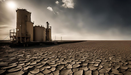 A wide shot of an industrial facility in a dry, cracked desert. The factory is made up of large, cylindrical tanks and a support structure. The sun is shining brightly in the sky, and there are clouds in the distance. The ground is cracked and dry, showing the harshness of the desert environment.の写真素材