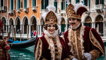Two people in elaborate Venetian Carnival costumes, a man and a woman, stand in front of a canal with a gondola in the background. They are both smiling and look happy.の写真素材