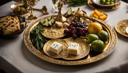 A close up of an elegant Middle Eastern table setting featuring a golden tray filled with a variety of delicious foods. The tray is adorned with intricate details, and the food is arranged beautifully. The image evokes a sense of luxury, tradition, and hospitality.の写真素材