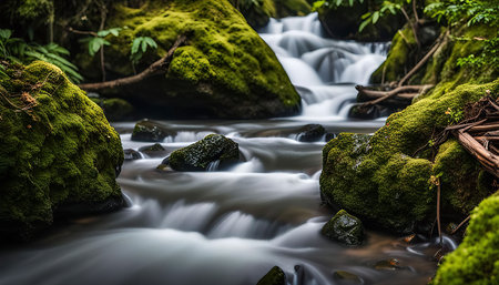 A serene image of a clear creek flowing through a lush forest with mossy rocks, showcasing the beauty of nature and tranquility.の写真素材