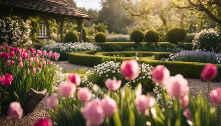 A vibrant and serene garden scene with blooming pink tulips and white flowers, surrounded by lush greenery, a quaint cottage, and a manicured lawn.の写真素材