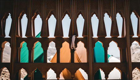 A close-up shot of an intricately wooden latticework window, showing a view of mountains and a bright blue sky. The detailed carvings and arches create a captivating visual pattern, while the glimpse of nature adds a touch of tranquility to the scene.の写真素材