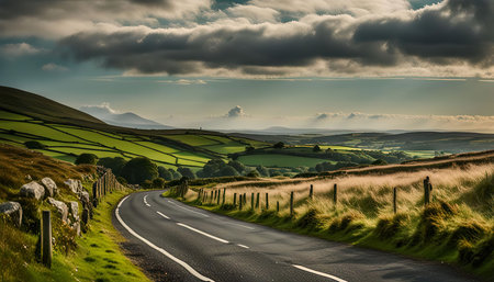 A winding country road snakes its way through rolling green hills, with a cloudy sky and a vast expansion of farmland.の写真素材