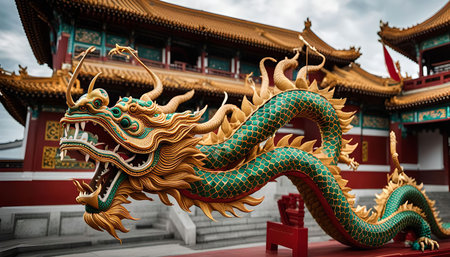 A close-up view of a golden dragon statue with green scales, set against a backdrop of a traditional Chinese temple with intricate details and red accents.の写真素材