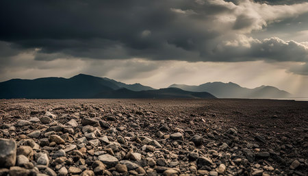 A dramatic landscape with a stormy sky looming over a rocky desert. The dark clouds and distant mountains create a sense of grandeur and awe.の写真素材