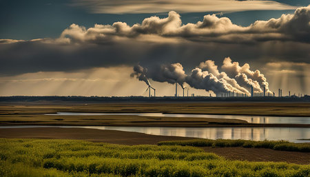 A scenic view of an industrial area with smoke plumes rising from factory chimneys against a cloudy sky. A winding river flows through the foreground with grassy fields and a distant horizon.の写真素材