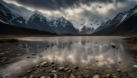 A serene lake reflects the snow-capped mountains and dramatic clouds above, creating a stunning landscape.の写真素材