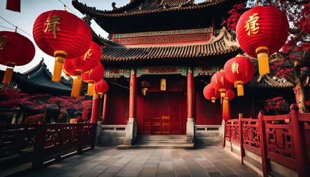 A traditional Chinese temple adorned with red lanterns, creating a vibrant and festive atmosphere. The temple's intricate architecture and the lanterns' symbolic significance embody the rich culture and traditions of China.の写真素材