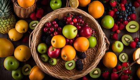 A wicker basket overflowing with a vibrant assortment of fresh fruit, including oranges, apples, kiwis, grapes, strawberries, and berries, creating a delightful and healthy still life.の写真素材