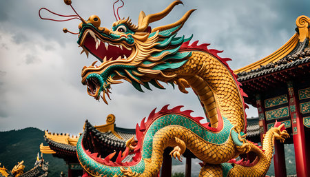 A golden dragon statue adorned with intricate details stands proudly atop a traditional Chinese temple roof, its powerful form reaching towards the cloudy sky. The dragon is a symbol of good luck, prosperity, and strength in Chinese culture.の写真素材