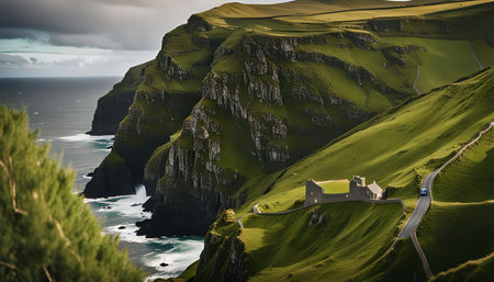 A stunning view of the Irish coastline, featuring dramatic cliffs, a winding road, and a vast expansion of ocean. The lush green hills and the blue sky create a peaceful and serene atmosphere.の写真素材