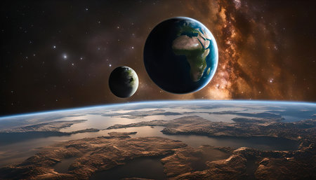 A stunning view of two planets with the Milky Way galaxy in the background.