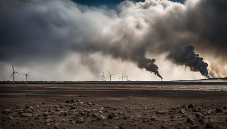 A field of wind turbines stand against a dark sky filled with smoke from industrial plants, posing questions about the future of energy and our environment.の写真素材