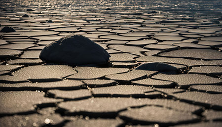 A close-up of a cracked earth surface with a single rock, displaying an arid landscape under the sunlight.の写真素材