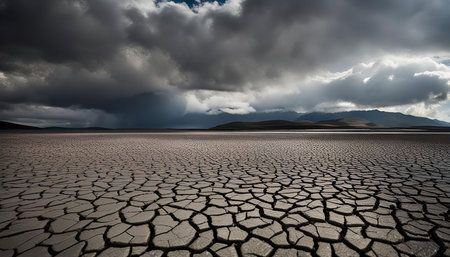 A panoramic view of a dry, cracked earth with a stormy sky. The landscape is a testament to the...