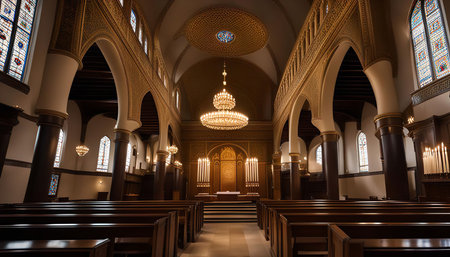 A view of the interior of a synagogue, showing the intricate details and ornate designs of the architecture.の写真素材