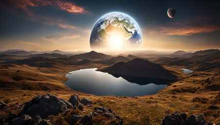 A stunning image of a planet Earth rising over a peaceful landscape, with a moon in the distance. The scene evokes a sense of wonder and awe, inspiring dreams of exploration and discovery.の写真素材