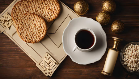 Close-up still life image of a cup of coffee on a saucer with a plate of biscuits and decorative...