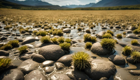 A close-up of spiky plants growing on rocks in a stream bed. The plants are a vibrant green against...