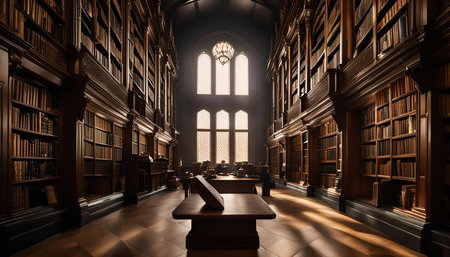 A grand library with sunlight streaming through the windows, casting long shadows on the floor. The bookshelves are lined with books, creating a sense of history and knowledge.の写真素材