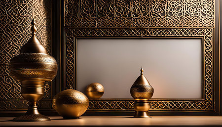 A still life image of golden Islamic ornaments with an ornate background, highlighting the rich culture and designの写真素材