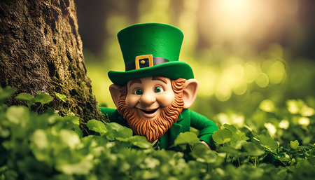 A smiling leprechaun peeks out from behind a bush of green foliage, his bright green hat and red beard adding to his festive charm.の写真素材