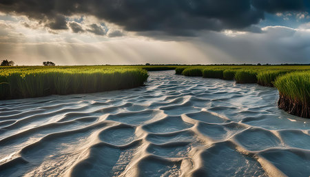 A beautiful landscape photograph showing a field of green grass with a stream in the foreground. The...
