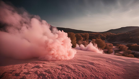 A billowing cloud of pink smoke rises from a rural landscape, creating a dramatic and colorful scene against a backdrop of hills and trees.の写真素材