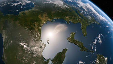 A breathtaking view of Earth from space, showing the vast expansion of the Gulf of Mexico and surrounding landmasses. The sun illuminates the scene with a soft, radiant glow.の写真素材