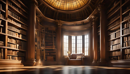A classical library with an armchair next to a large window. The room is filled with bookshelves overflowing with books.の写真素材