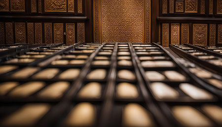 A close-up of golden trays arranged in a room with intricately wooden paneling, showcasing a luxurious and traditional design.の写真素材