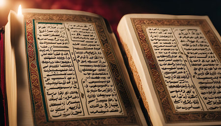 An open Quran, the holy book of Islam, illuminated by a single candle. The pages are filled with...