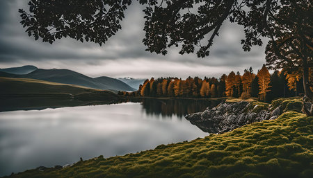 A picturesque view of a tranquil mountain lake with autumn foliage reflecting in the still water. The cloudy sky adds a touch of mystery and serenity to the scene.の写真素材