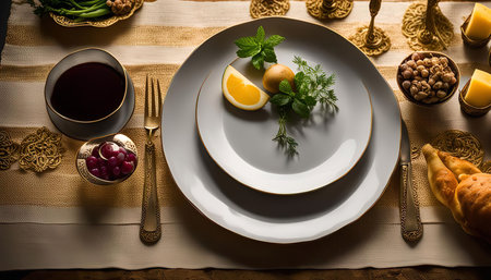 A close-up of a beautifully set Passover Seder plate, with a white plate featuring traditional Seder items such as an egg, parsley, and a piece of lemon. The plate is adorned with a delicate golden rim, adding a touch of elegance. The table is also decorated with other gold accents, including candlesticks, bowls of nuts, and a challah.の写真素材