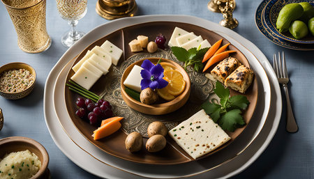 A beautifully arranged gourmet cheese platter with various fruits and vegetables. The platter features a selection of cheeses, grapes, carrots, orange slices, and a sprig of flowers. The platter is surrounded by other dishes and cutlery, suggesting a formal dining setting.の写真素材
