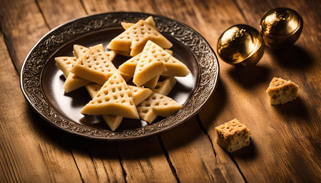 Close-up shot of a plate of shortbread cookies on a wooden table.の写真素材