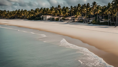 A picturesque beach with palm trees lining the shoreline, clear blue water and white sand, creating a tropical paradise. This beautiful scene is perfect for a relaxing getaway.の写真素材