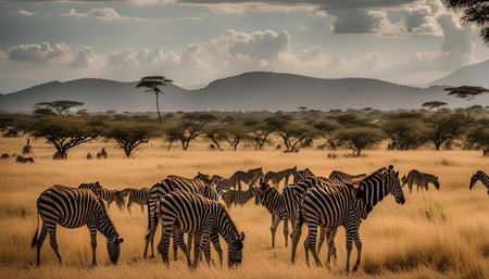 A herd of zebras graze peacefully in the vast African savanna, surrounded by golden grass and scattered trees. The distant mountains create a scenic backdrop, while the sky above is adorned with fluffy white clouds.の写真素材