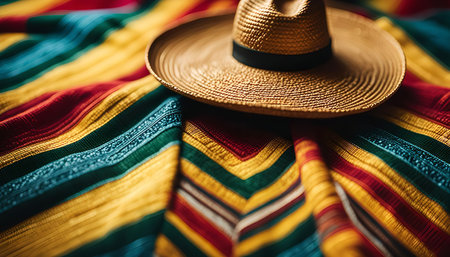 A close-up shot of a straw hat resting on a vibrant, colorful blanket. The hat's natural texture contrasts beautifully with the bold patterns of the fabric, creating a visually appealing scene.の写真素材