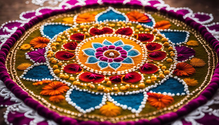 A vibrant and intricate Rangoli design, a traditional Indian art form used for decoration during festivals and special occasions, creating a colorful and auspicious atmosphere.の写真素材