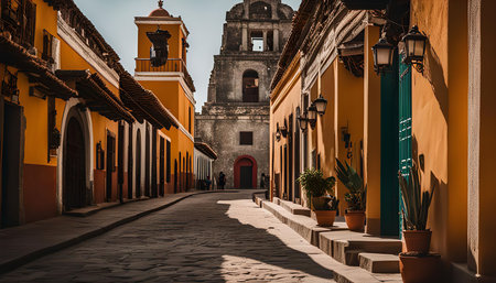 A narrow cobblestone street lined with historic buildings in a picturesque town. The warm yellow walls and intricately details create a charming atmosphere, inviting exploration and wonder.の写真素材