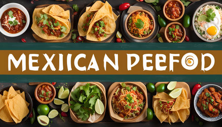 A collage showcasing a variety of Mexican dishes, including tacos, nachos, chili, salsa, and more.の写真素材