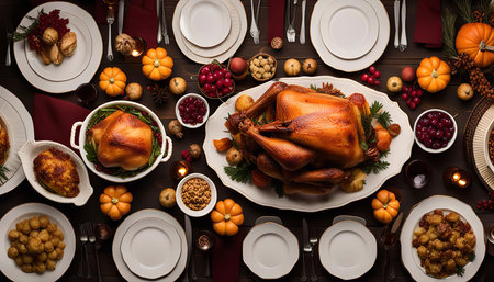 A festive table setting for Thanksgiving dinner with a roasted turkey, sides, and all the trimmings. It's a perfect picture for a family gathering and celebration.の写真素材